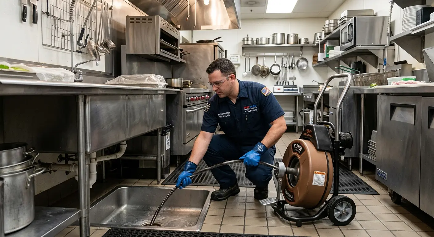 Commercial drain cleaning service in a restaurant kitchen in Newark