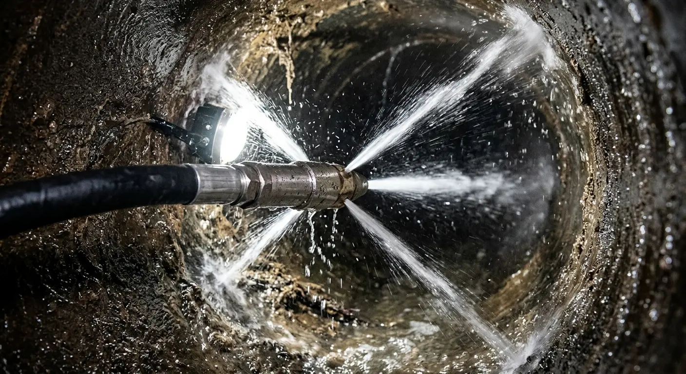 High-pressure hydro jetting nozzle cleaning sewer pipe for Trenchless Sewer Repair in Newark