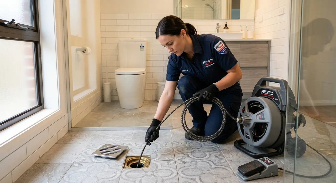 Technician clearing a bathroom floor drain for Sewer Line Installation in Newark